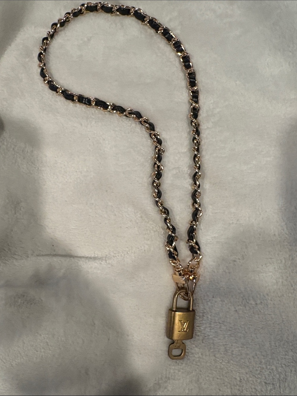 24 inch Gold-Tone Chain Necklace with Black Leather Weave and LV Padlock #302.